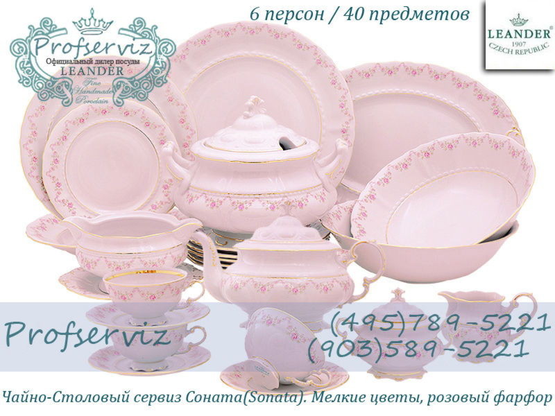 Фото Чайно- столовый сервиз 6 персон 40 предметов Соната (Sonata), Мелкие цветы, розовый фарфор (Чехия) 07262000-0158