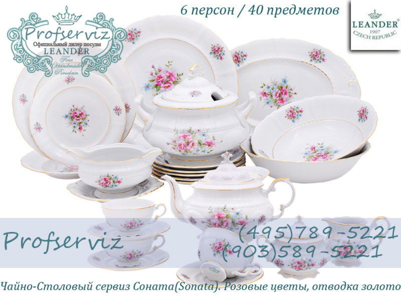 Фото Чайно- столовый сервиз 6 персон 40 предметов Соната (Sonata), Розовые цветы (Чехия) 07162000-0013
