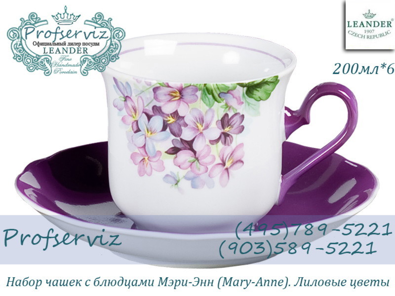 Фото Чайные пары 200 мл Мэри- Энн (Mary- Anne), Лиловые цветы (6 пар) (Чехия) 03160415-2391 