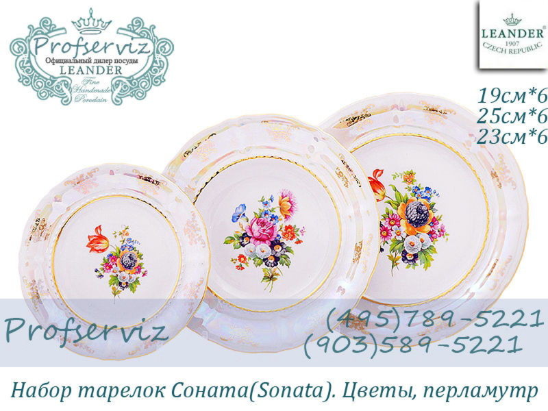 Фото Набор тарелок 6 персон 18 предметов Соната (Sonata), Цветы, перламутр (Чехия) 07160119-0656